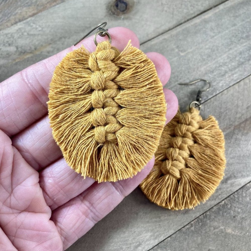 Macrame Feather Fringe Earrings - Mustard